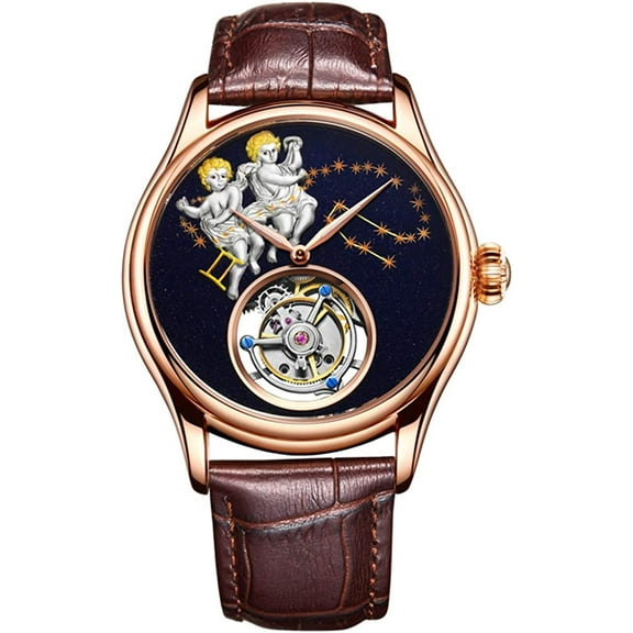 AESOP Men Genuine Mechanical Hand-Wind Skeleton Tourbillon Gemini Wrist Watch Business Dress Watches Leather Strap