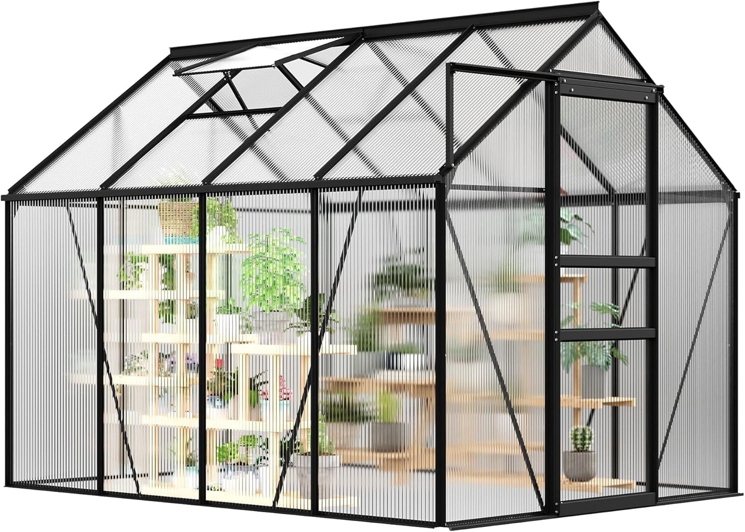 All-Season Polycarbonate Walk-In Greenhouse 6x8 FT – Durable Aluminum Frame, Sliding Door, Adjustable Roof Vent, Rain Gutter – Ideal for Outdoor Garden, Patio, Backyard – 8-Black