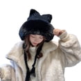 thumbnail image 2 of Skymirror Pigtail Tassel Patchwork Color Knitted Hat Warm Cat Ears White Fluffy Edge Girls Beanie Cap for Autumn Winter, 2 of 8