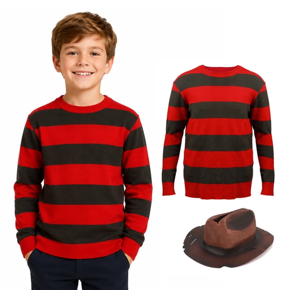 4Pcs Scary Striped Sweater Costume with Brown Hat Glove and Stickers Halloween Dress Up