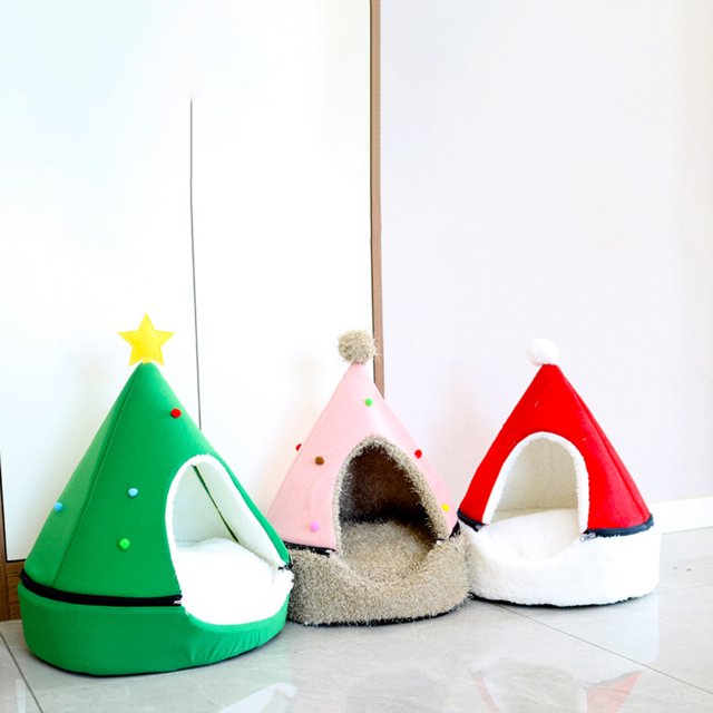 Cute Christmas Tree Pet Bed Cat Dog Soft Warming Tent Bed Cave Nest
