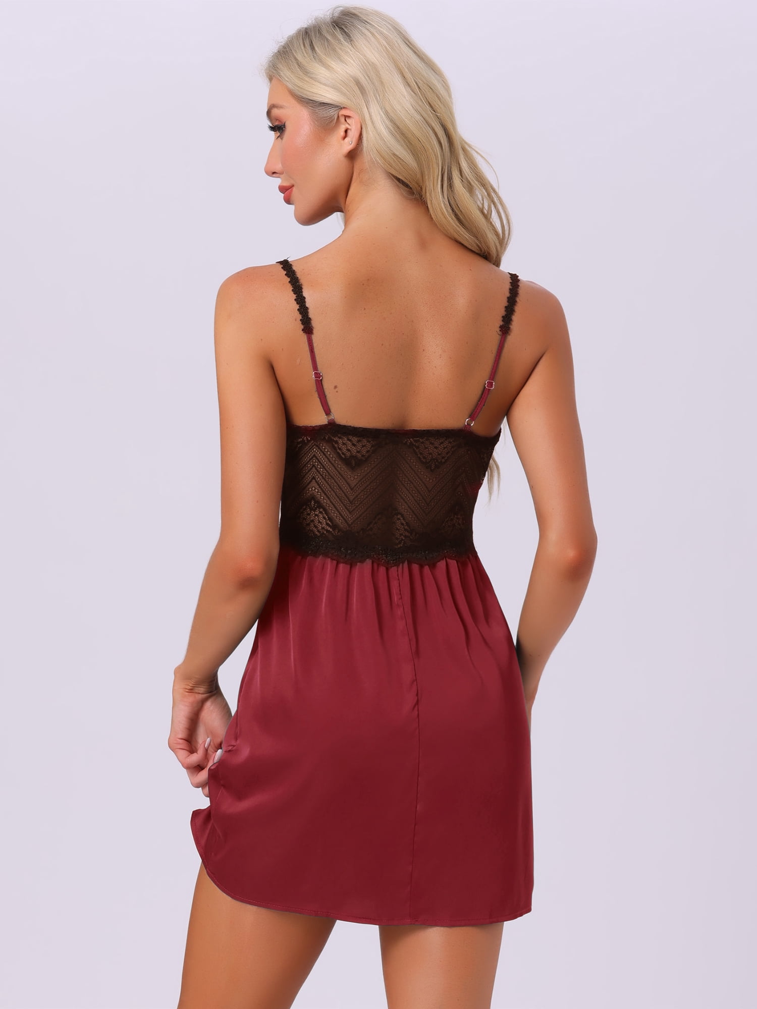 DARING DIVA Women's Satin Lingerie Lace Babydoll Slip Nightie Chemise Dress XS Wine