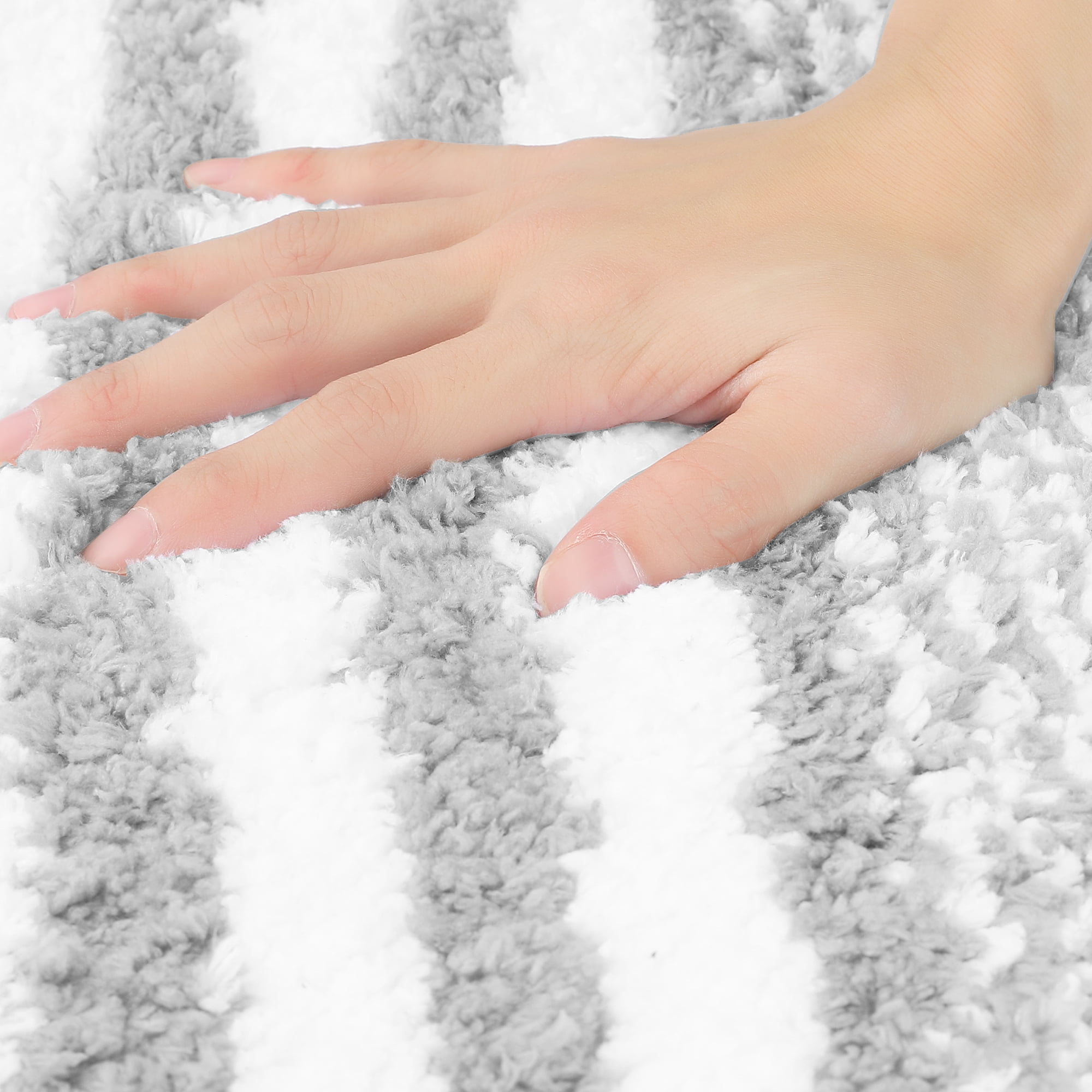 Unique Bargains 2 Pcs Microfiber Fluffy Striped Bath Rugs Non-Slip Absorbent Floor Mat Grey/Blue 20" x 32"