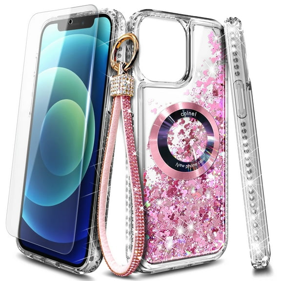 NageBee Designed for iPhone 14 Magnetic Case for MagSafe, Tempered Glass Screen Protector/Wrist Strap Lanyard, Glitter Floating Liquid Cute Case (Rose Gold)