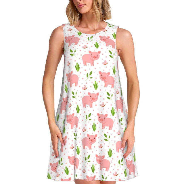 Fotbe Funny Little Pigs Vestido de Verano sin Mangas para Mujer – Vestido Midi Línea A, Estilo Camiseta Floral, Vestido Playero Casual y Fluido