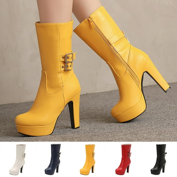 Women's Boots Kitten Heel Square Toe Mid Calf Booties Women Fashion Casual Comfortable Versatile Solid Color Fall Winter Shoes White 6