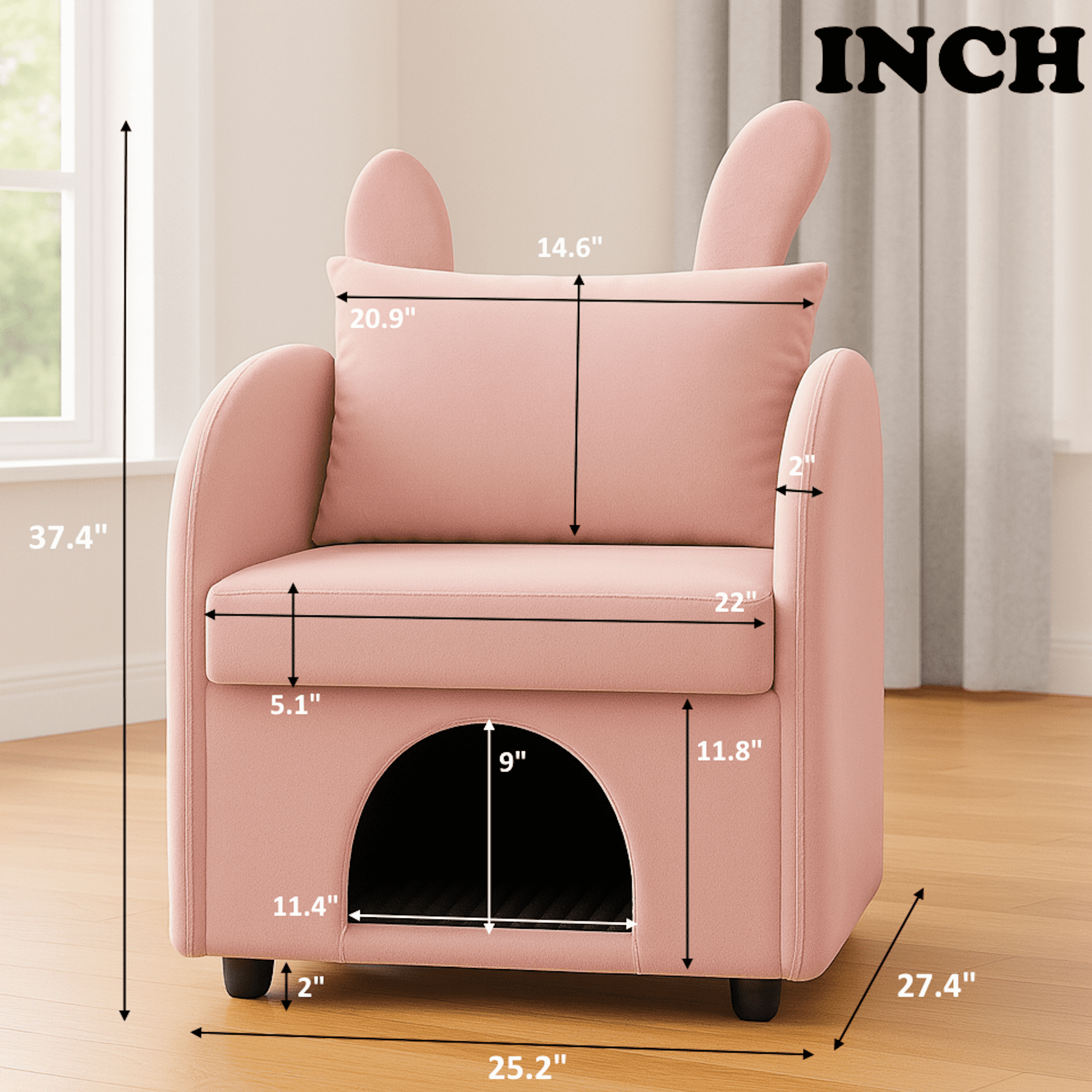 2-in-1 Armchair with Cat Dog Pet Hideaway, Pet-Friendly Accent Chair with Scratch-Resistant Fabric, Dual-Use Sofa Chair with Pocket for Living Room, Pink