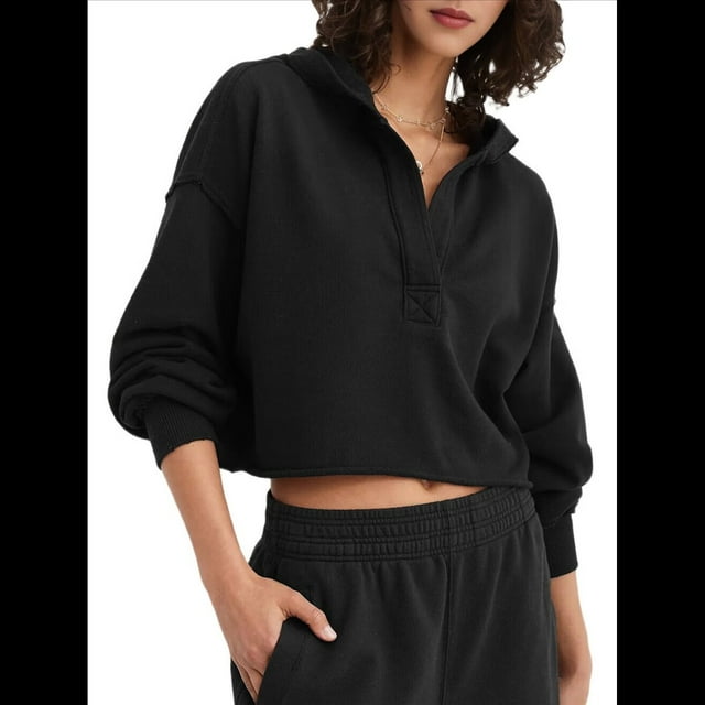 Sudadera Holgada Informal de Larga con Capucha para Mujer, Color Liso, Estilo Otoño Negro L