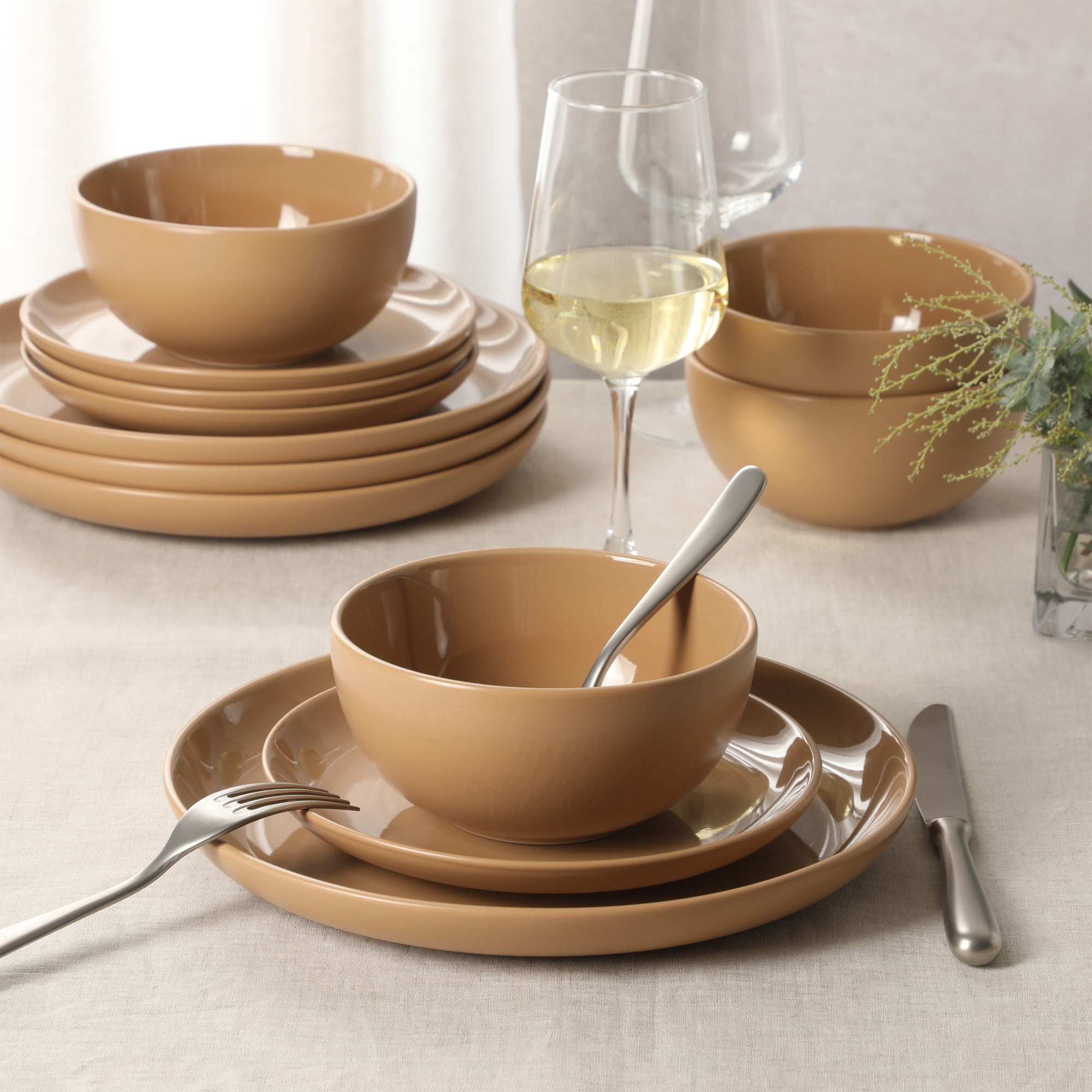 Gibson Home Rockaway 12 Piece Plates and Bowls Matte Glaze Service for 4 Dinnerware Set - Beige - Dishwasher and Microwave Safe