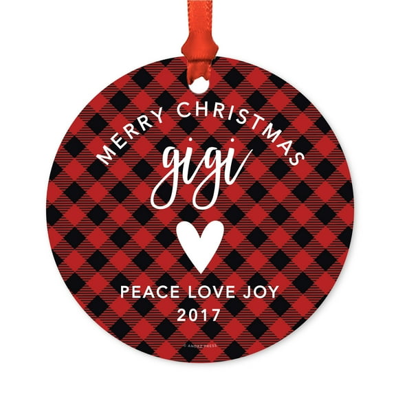 Family Metal Christmas Ornament, Merry Christmas Gigi 2017, Red Plaid, Includes Ribbon and Gift Bag