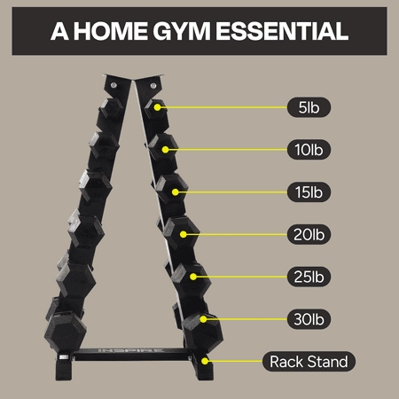 Inspire Fitness Heavy-Duty Workout Rubber Hex Dumbbell Weight Set with Rack, 210 lbs (5-30 lbs)