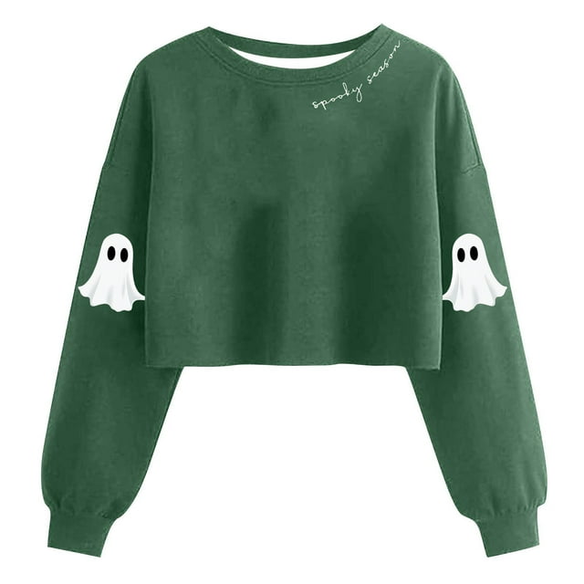 Lcziwo Chandail Court d'Halloween pour Femmes, Hauts Graphiques de Fantôme Mignon, Chandail à Manches Longues Lanterne à Col Rond, Saison Effrayante, Mode d'Automne, Chandail Vert, G