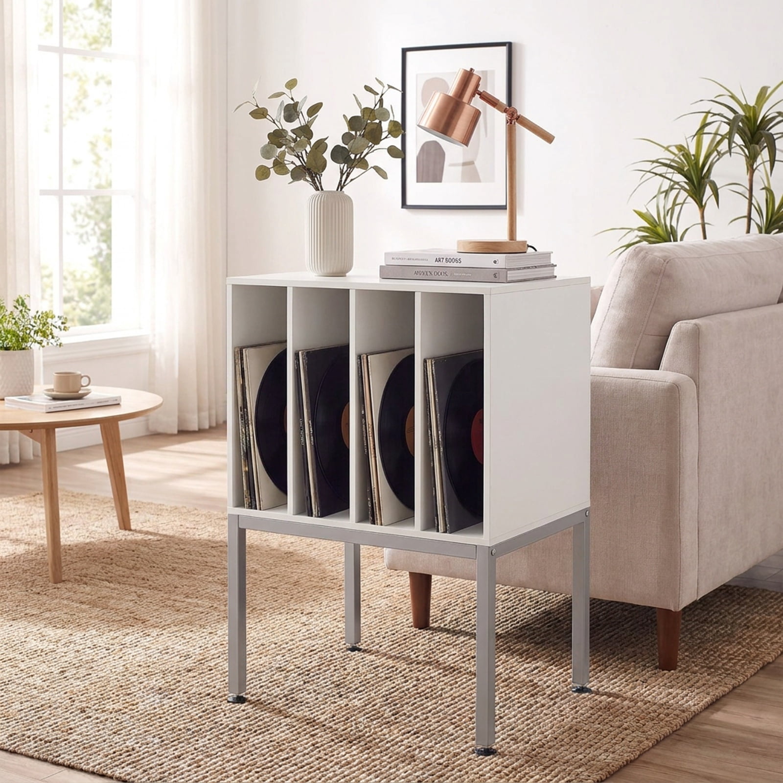 Furnibear Turntable Record Player Stand with Power Outlets USB and Vinyl Storage for Living Room Bedroom and Music Room, White