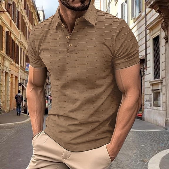 Fnnxeal Mens Polo Shirts, Casual Summer Big and Tall Shirt Short Sleeved Collared Solid Coffee Polo Shirts for Men Size M