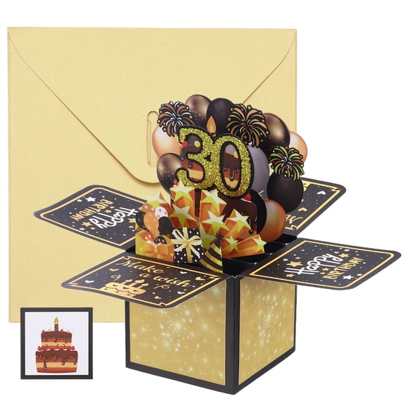 Uxcell 1 Pcs 3D Birthday Card, 30th Fold Out Birthday Card with Envelope and Small Card for Birthday Party Anniversary Celebration Surprise Greeting Gift, Black Gold Tone