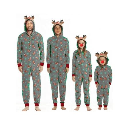 

Inevnen Christmas Family Matching Pajamas Onesies Hooded Zipper Jumpsuit Elk Antler Romper PJ s