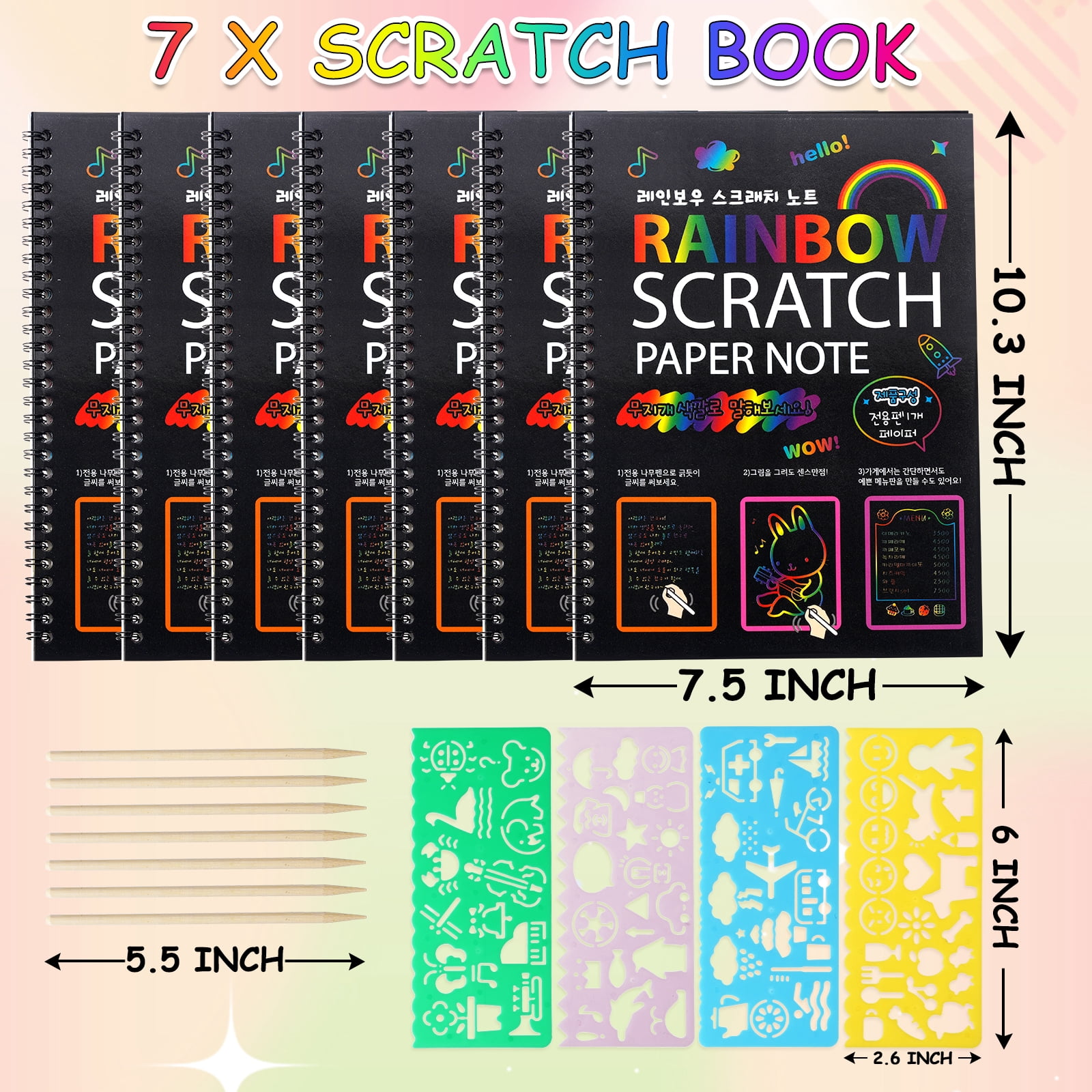 BSHAPPLUS® 7 Pack Rainbow Scratch Art Notebooks,Magic Scratch off Paper Notebook Set for Kids Art and Craft Activity Book Black Sketch Doodle Pads with Drawing Stick for Party Favor Game Gift