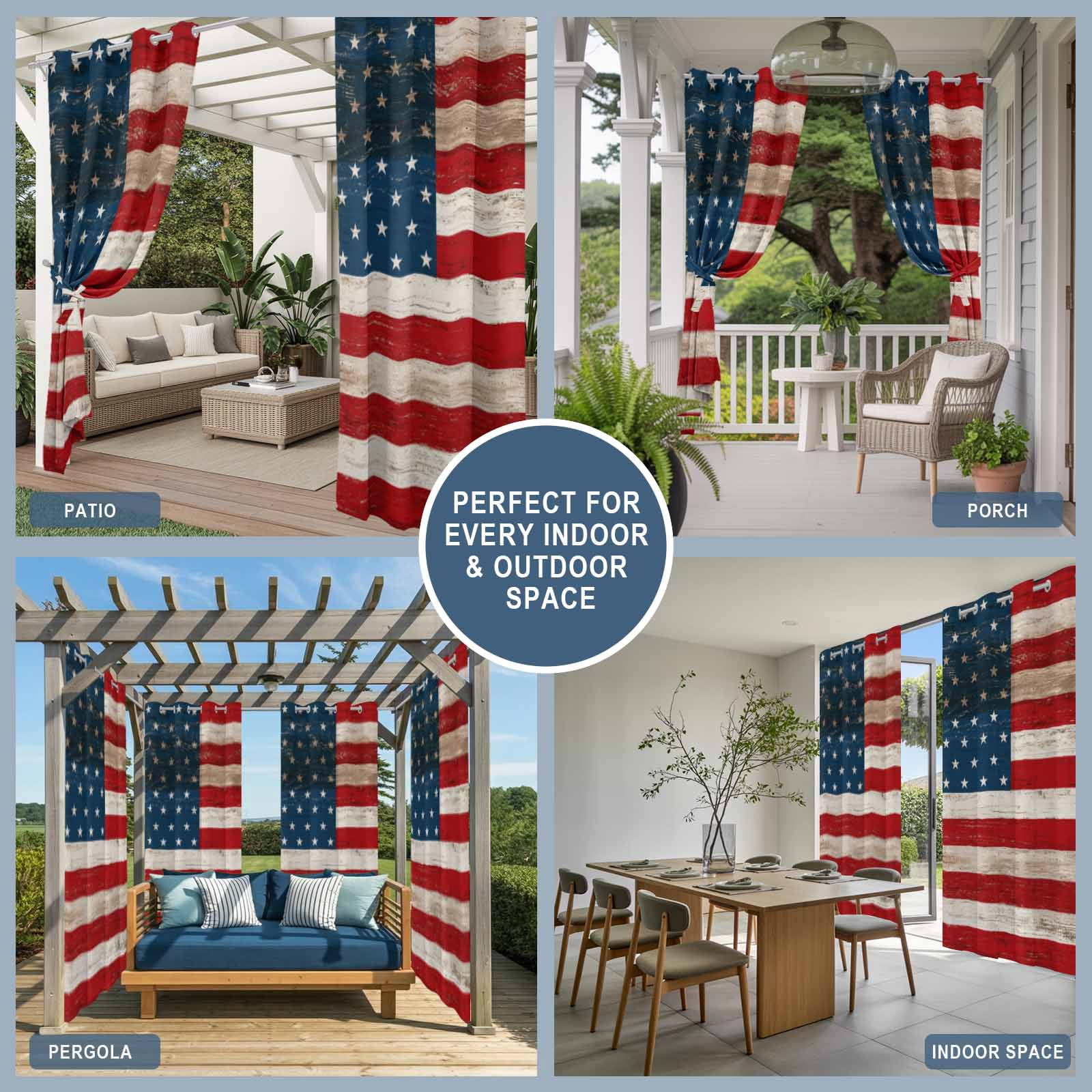 Independence Day Outdoor Curtains for Patio, American Flag Patriotic Red Blue Stripe Star Wood Grain Sunshade Privacy Drapes Grommet Waterproof Outside Curtains for Porch Balcony 54"x108", 1 Panel