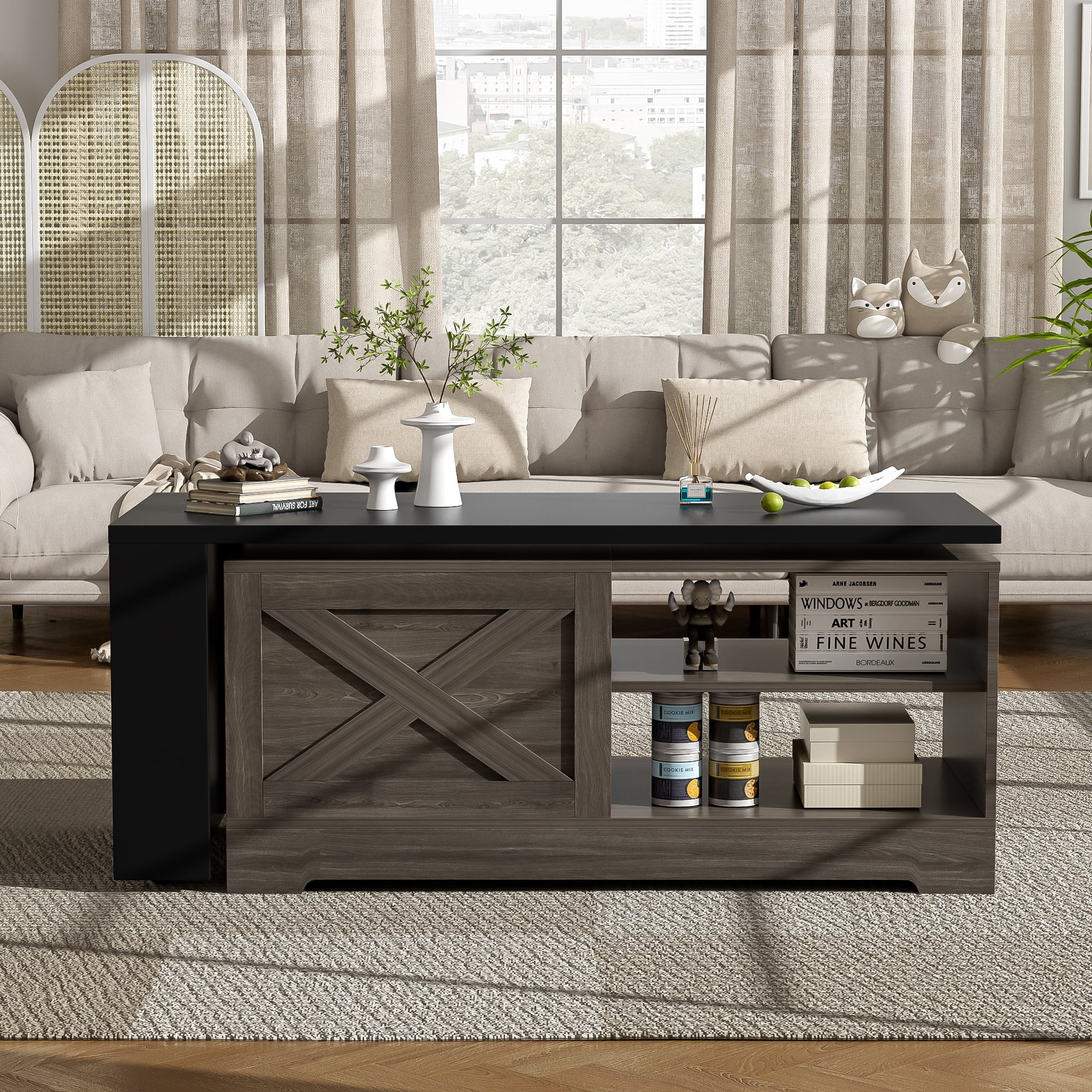 Leumius Lift Top Coffee Table with Storage,Rectangle Wood Center Table With Barn Doors and Open Cabinet, For Living Room, Bedroom, Home Office,Brown+Black