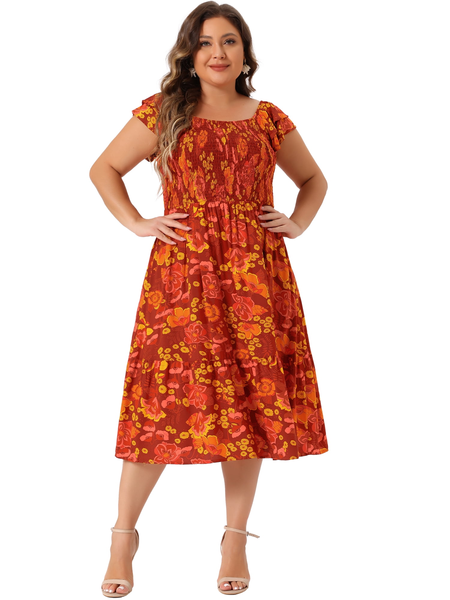 DARING DIVA Plus Size Square Neck and Flutter Sleeves Dress 4X Brick Red
