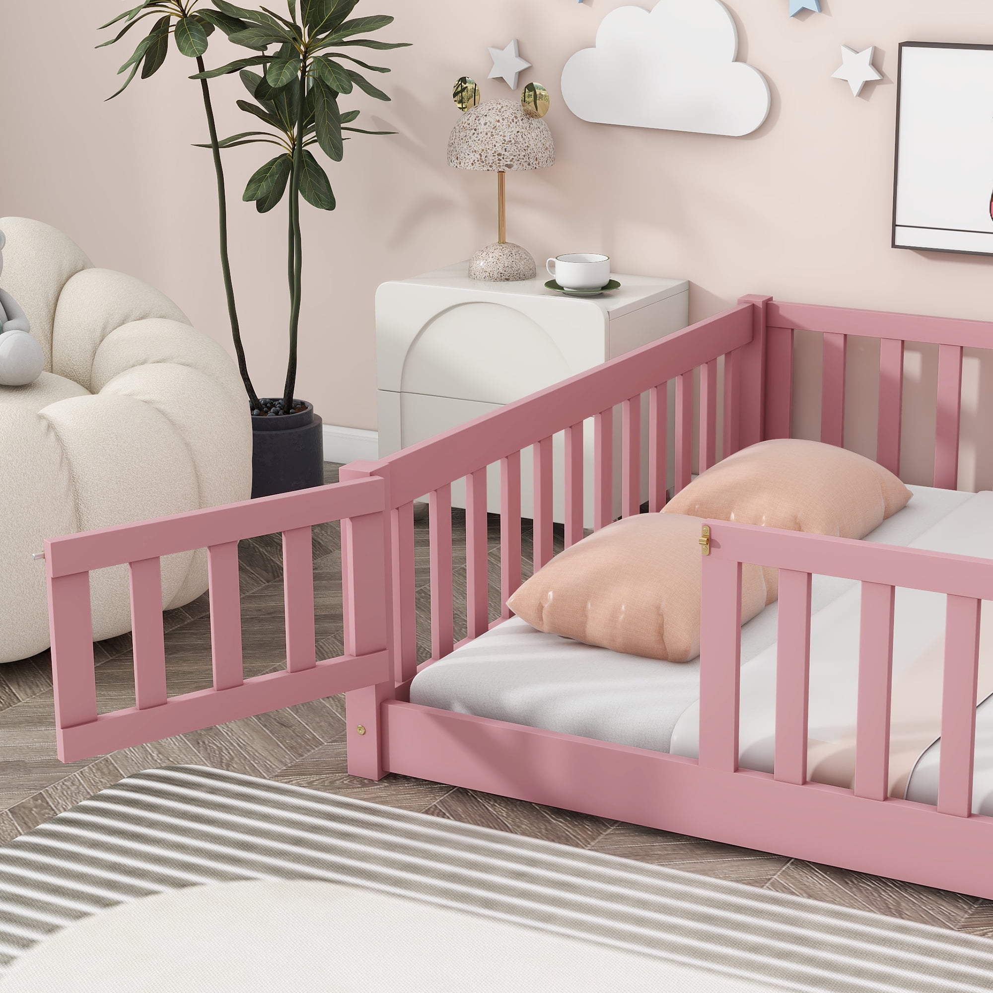 Miniyam Full Size Floor Bed for Kids, Montessori Bed with Slats, Safety Fence & Door, Pink