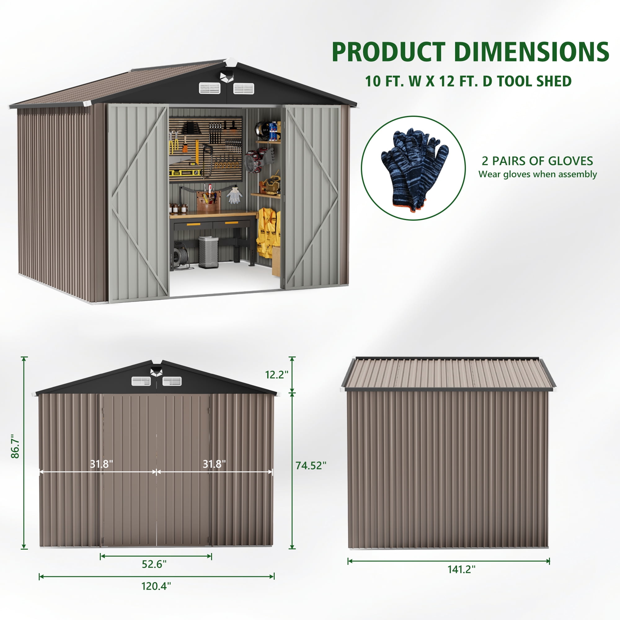 10 ft. W x 12 ft. D Outdoor Metal Tool Storage Shed with Led Light & Air Vents