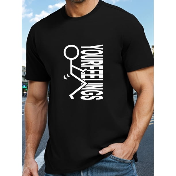 YOUR FEELINGS Stick Figure Print, Men's Round Crew Neck Short Sleeve, Simple Style Tee Fashion Regular Fit T-Shirt, Casual Comfy Breathable Top For Spring Summer Holiday Leisure Vacation Men's Clothi