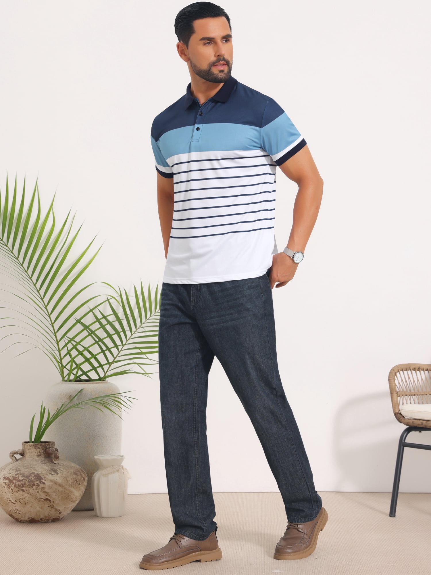 DARING DIVA Men's Colorblock Striped Short Sleeve Three Button Polo Shirts S Blue White