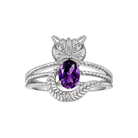 RYLOS Rings for Women Sterling Silver CAT Ring 7X5MM Oval Gemstone & Sparkling Diamonds February Amethyst Jewelry Size 5