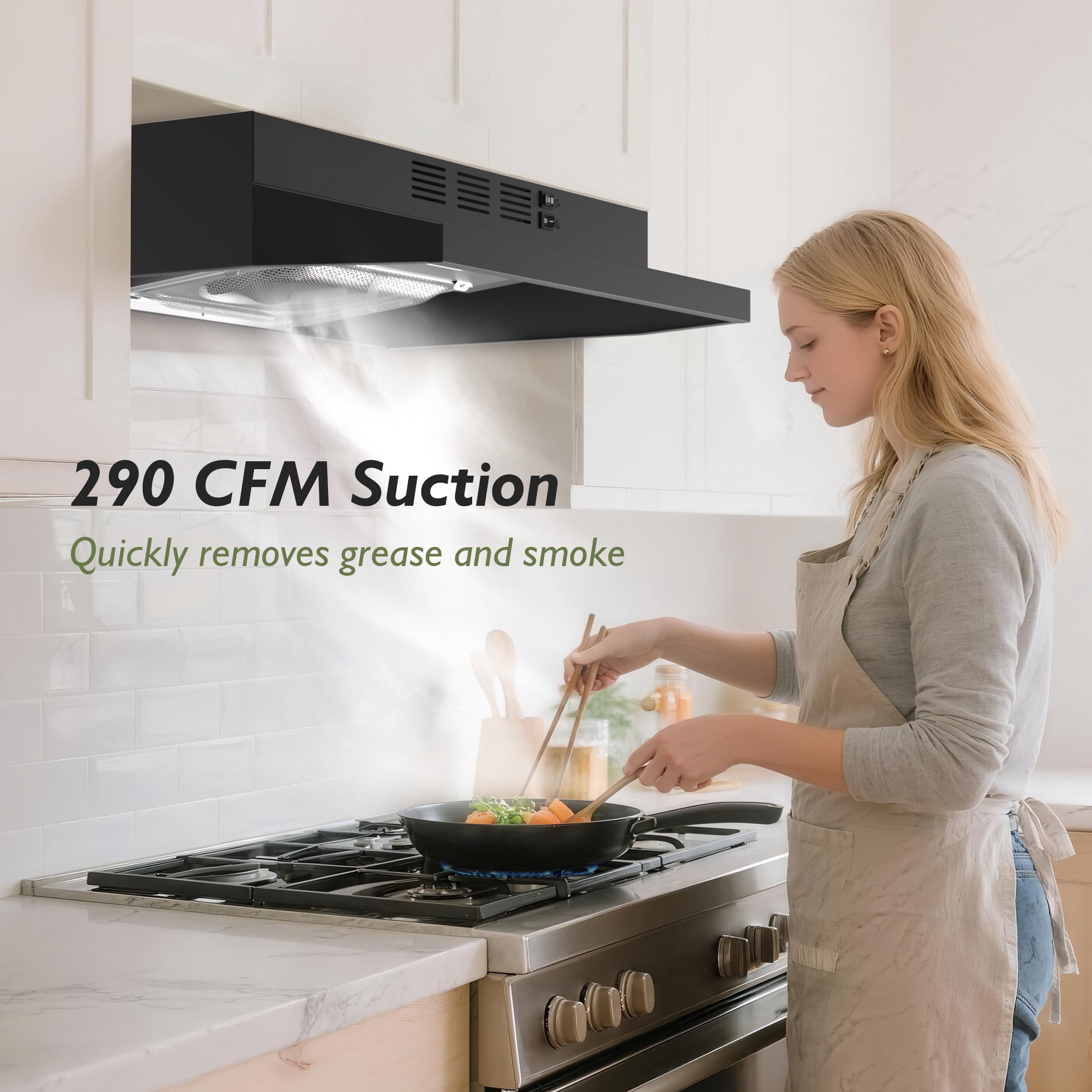 FIREGAS Black Range Hood 24 inch Under Cabinet Range Hood with 2 Speed Exhaust Fan,Ducted/Ductless Convertible,Rocker Button Control,300 CFM,Aluminum Filter
