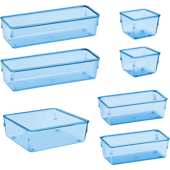 Acrimet Drawer Organizer Modular, Box Tray Storage Bins for Office, Home, Makeup, Kitchen, Junk Drawer (7 Units - 4 Sizes) (Clear Blue Plastic)
