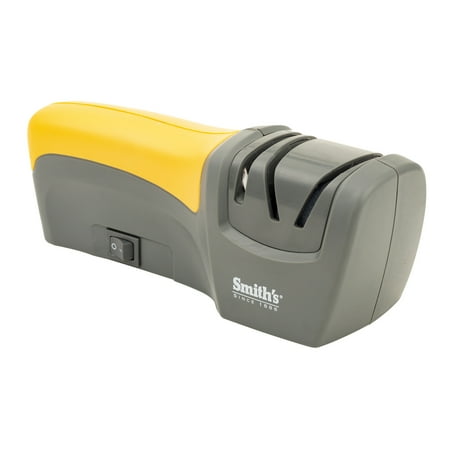 UPC: 0027925500057 | Smith’s 50005 Edge Pro Compact Electric Knife Sharpener – Yellow & Grey – Straight Edge 2 Stage Sharpener – Electric & Manual Sharpening – Blade Guide – Outdoor & Kitchen – Pocket & Filet Knives