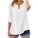 thumbnail image 2 of Craaazy Women's Casual V Neck Blouse, Solid Color 3/4 Sleeve Lace Detail Top, Loose Fit Comfy Button Down Shirt for Daily Wear Gifts, 2 of 7