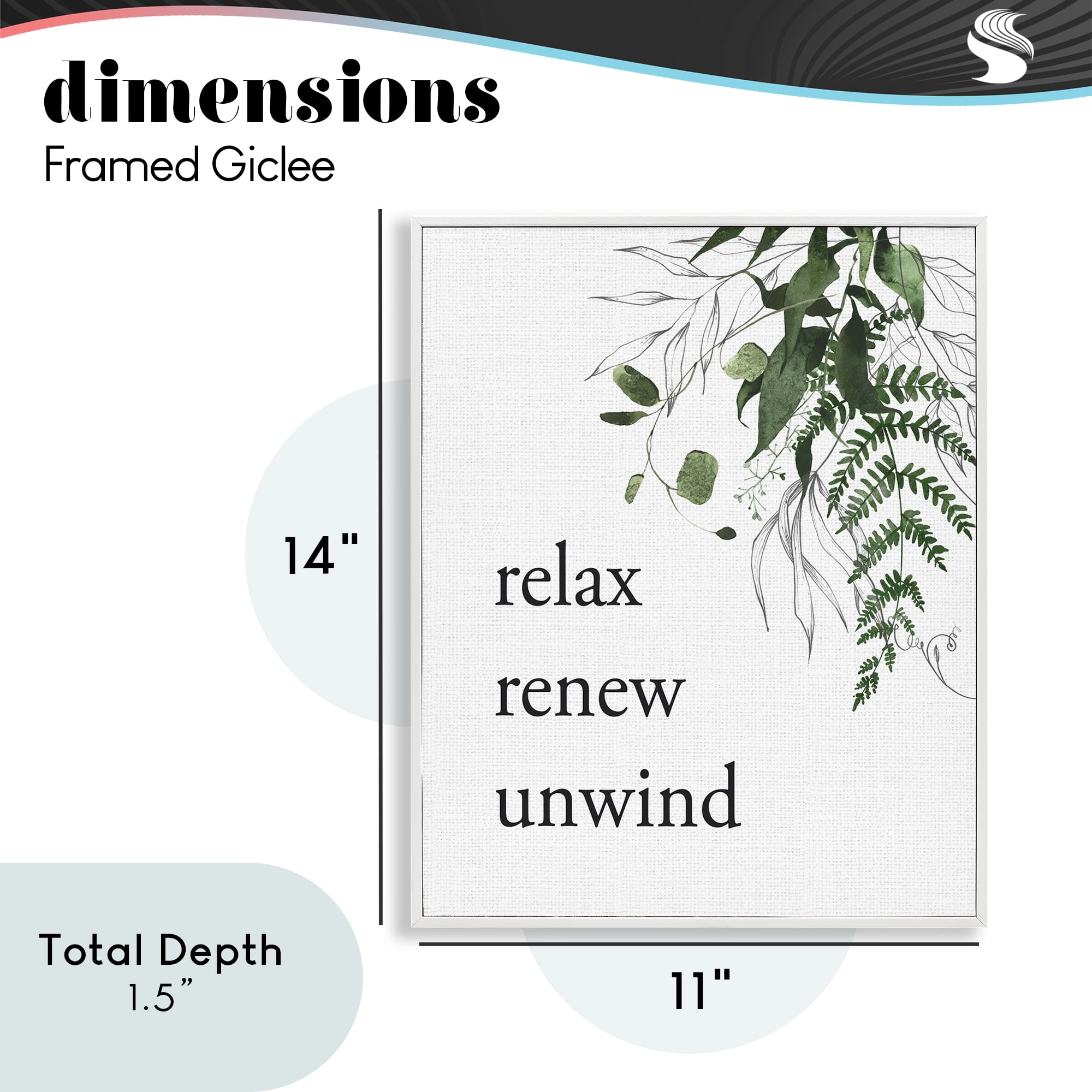 Relax Renew Unwind with Foliage White Framed Giclee Art, design by Lettered and Lined