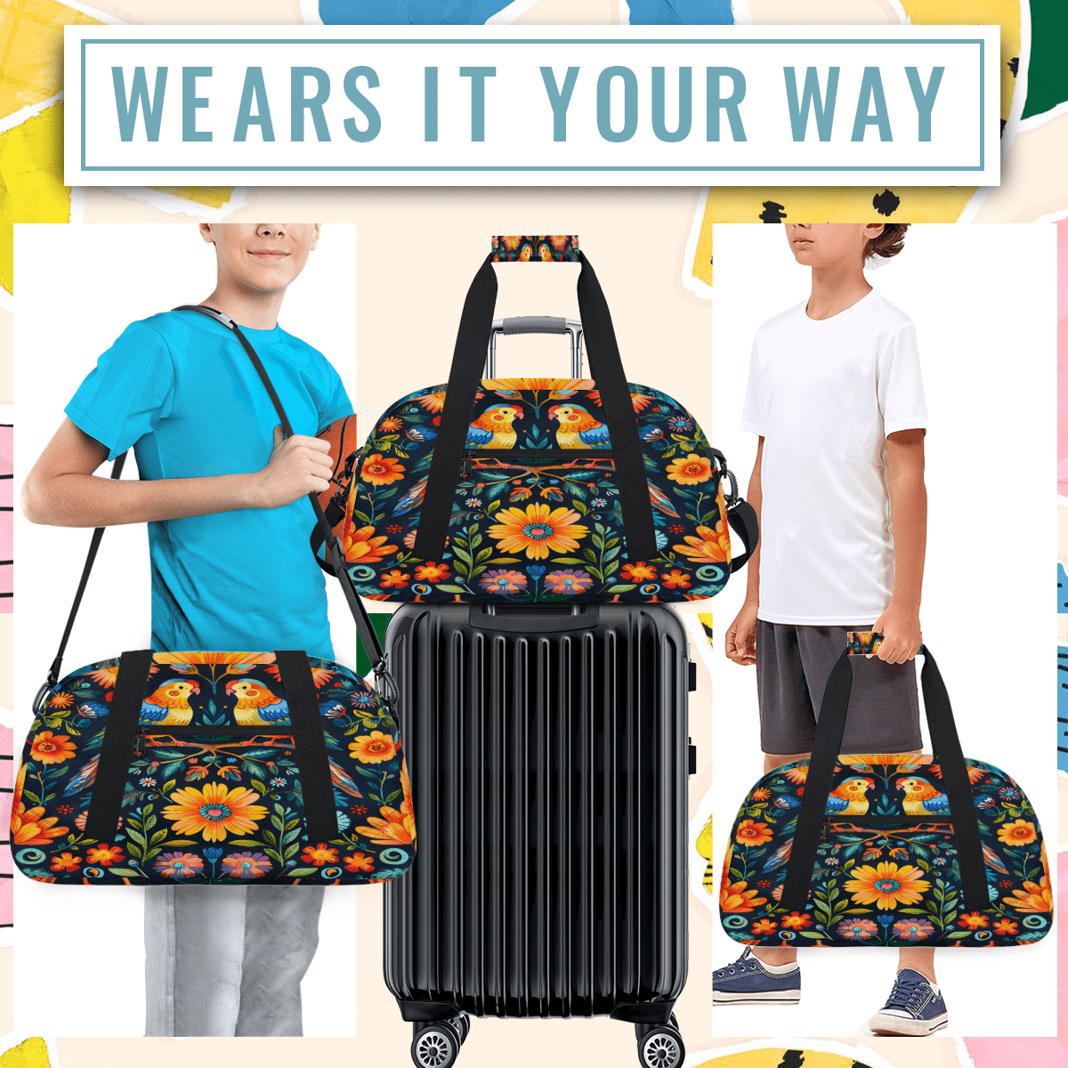 Herdesigns Sports Duffle Bags Travel Duffle Bag Gym Bag Mexico Floral Otomi Style Bird Weekender Travel Bag Waterproof Overnight Bag Carry On Travel Tote Bag Dance Bags