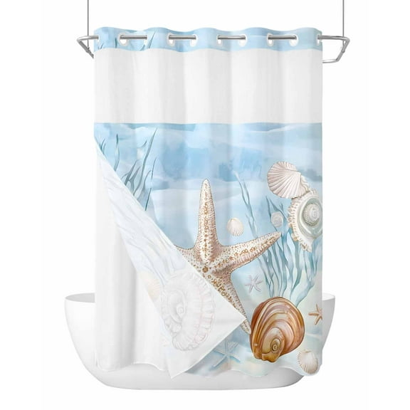 No Hook Shower Curtains with Snap in Liner, Blue Starfish Coastal Waterproof Fabric Shower Curtain, Summer Beach Ocean Coral Shell Double Layers & See-Through Top Window Bathroom Curtains 72''x84''