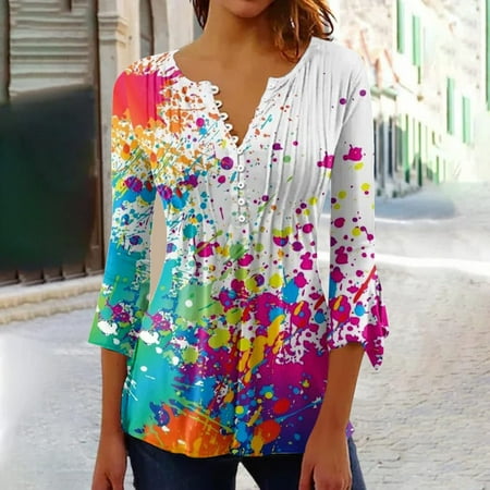 

Homenesgenics Plus Size Clearance under $10 3/4 Sleeve Women s Casual Trumpet 3/4 Sleeve Printed Buttoned Basic Ruched Corset Tunic Tops Pleated T-shirts Blouses
