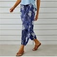 thumbnail image 4 of Women's Cotton Linen Plus Size Capri Pants Drawstring Elastic High Waist Boho Vintage Print Summer Loungewear Pants 2025 Blue 01,M, 4 of 7