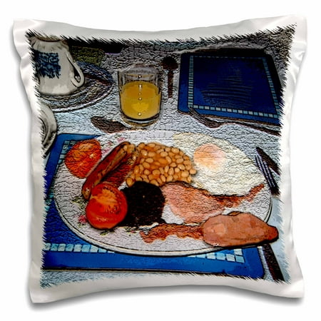 3dRose Traditional English Breakfast of Juice, Beans, Blood Pudding,Fried Eggs,Sausage and Tomatos Textured - Pillow Case, 16 by