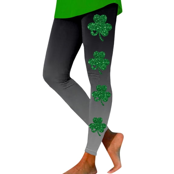 Arlun St Patricks Day Leggings for Women Casual Shamrock Printed Straight Stretch Leggings Irish Green Soft Comfortable High Waist Tummy Control Workout Yoga Pants Grey XL