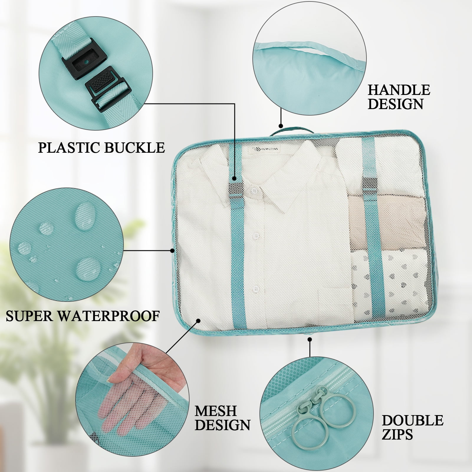 HonorHut 8 Set Packing Cubes Lightweight Organizer Bags Mesh Luggage Packing Bags Durable Storage Totes Travel Essentials Accessories Dusty Blue
