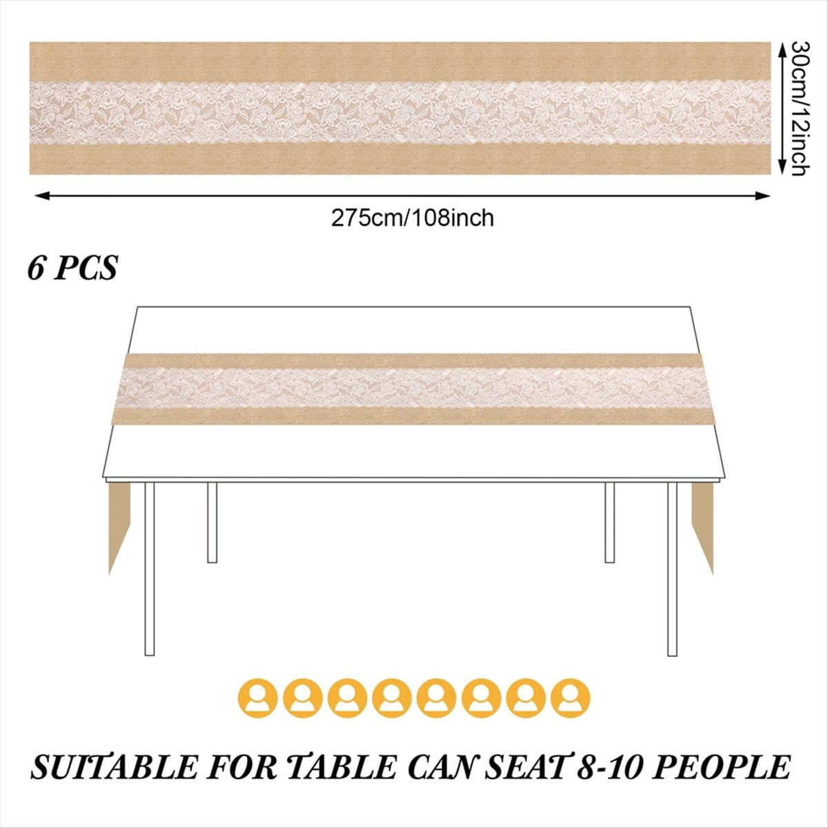 6 Pack Burlap Table Runner with LED Lights Lace Rustic Natural Boho Runner for Farmhouse Wedding Decor 12x108 Inches