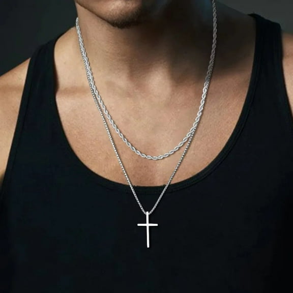 Mens Cross Necklaces, 14K White Gold Layered Plain Cross Pendant, Rope Box Chain Necklace, Simple Prayer Jesus Collar