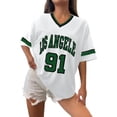 thumbnail image 2 of Womens Graphic T-shirts Short Sleeve V Neck Letter Print Tee Sporty Summer Casual Loose Tops Dark Green M, 2 of 4