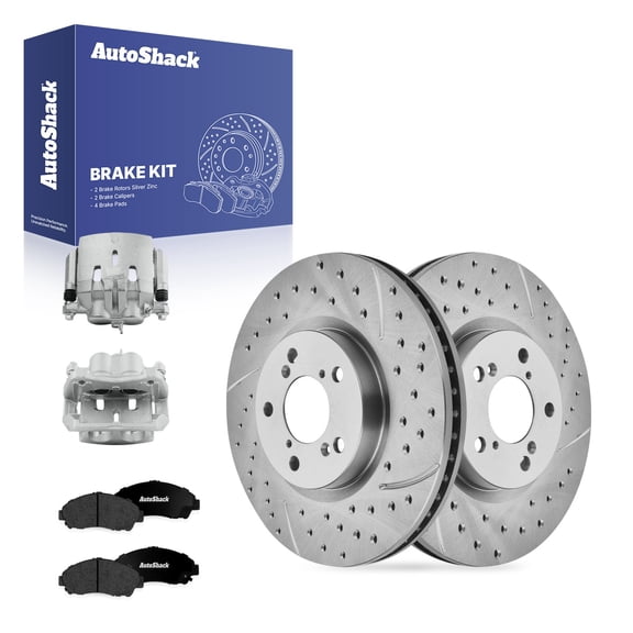 AutoShack Front Brake Rotors, Premium Pads & Calipers for Honda, Pilot 2009-2015, AWD FWD V6 3.5L - Silver Zinc Coated Drilled & Slotted - SilverShield Pro - 12.98" (329.8 mm), 5-Lug