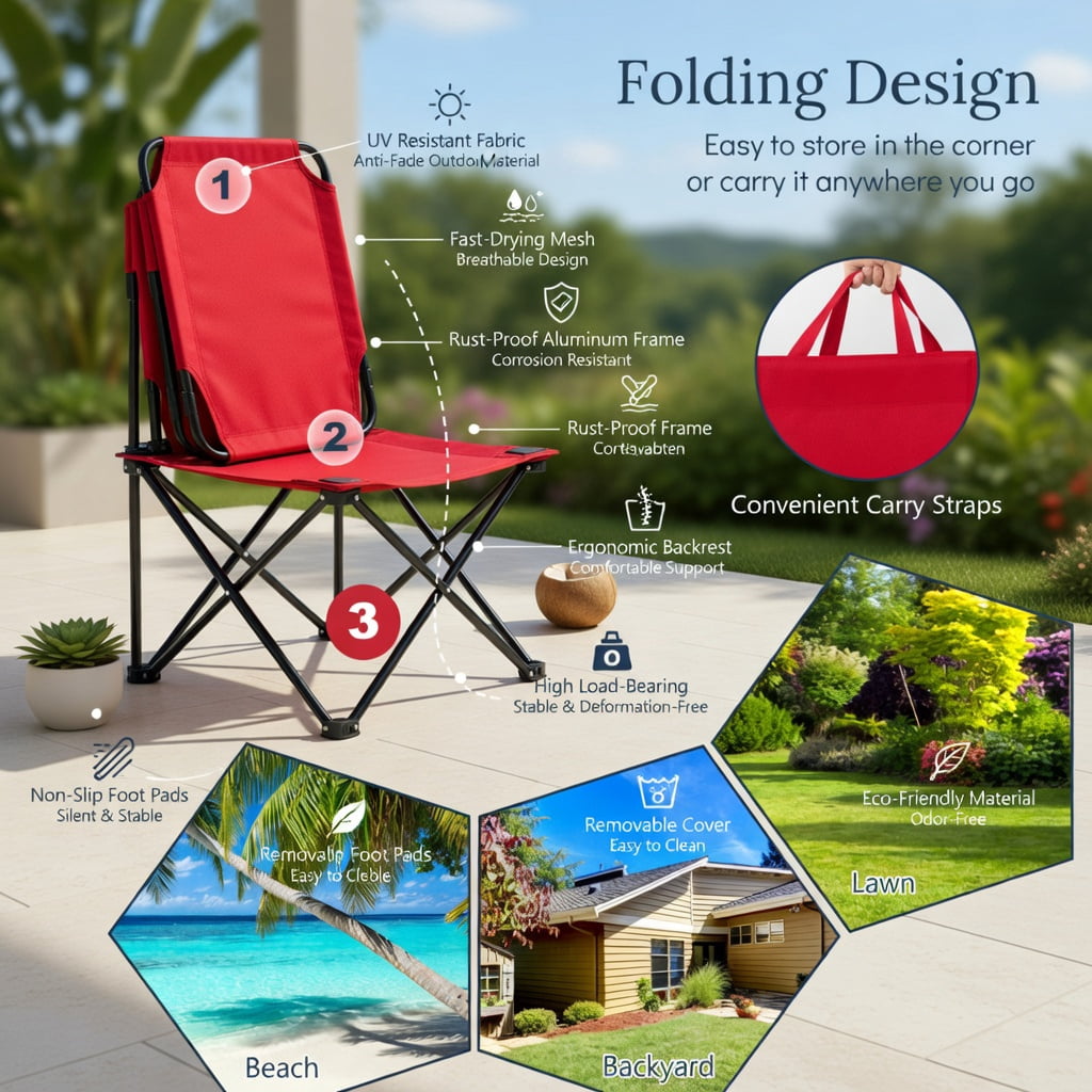 Hommoo Portable Folding Face-Down Tanning Chair with Adjustable Backrest, 3 Removable Zippered Pillows, Heavy-Duty Oxford Fabric, Red