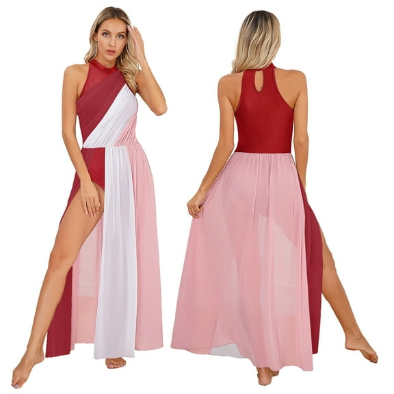 renvena Women Lyrical Dance Contemporary Dancewear Halter Neck Leotard Mesh Maxi Overlay Dress Burgundy XXL