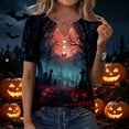 thumbnail image 2 of IYYVV Women Fall Halloween V Neck Shirt Pumpkin Graphic Short Sleeve Tee Autumn Holiday Family Matching Tops Purple XL, 2 of 6