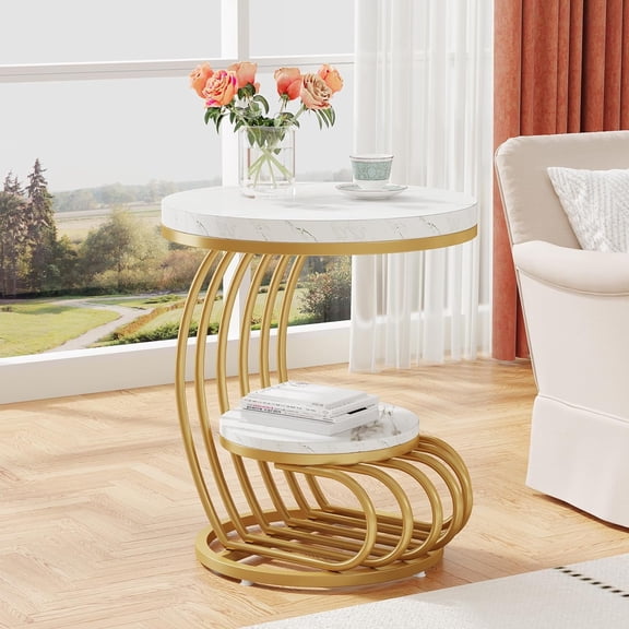 Tribesigns 2-Tier Round End Table, White Gold Faux Marble Side Table with Storage Shelf, Living Room, Bedroom