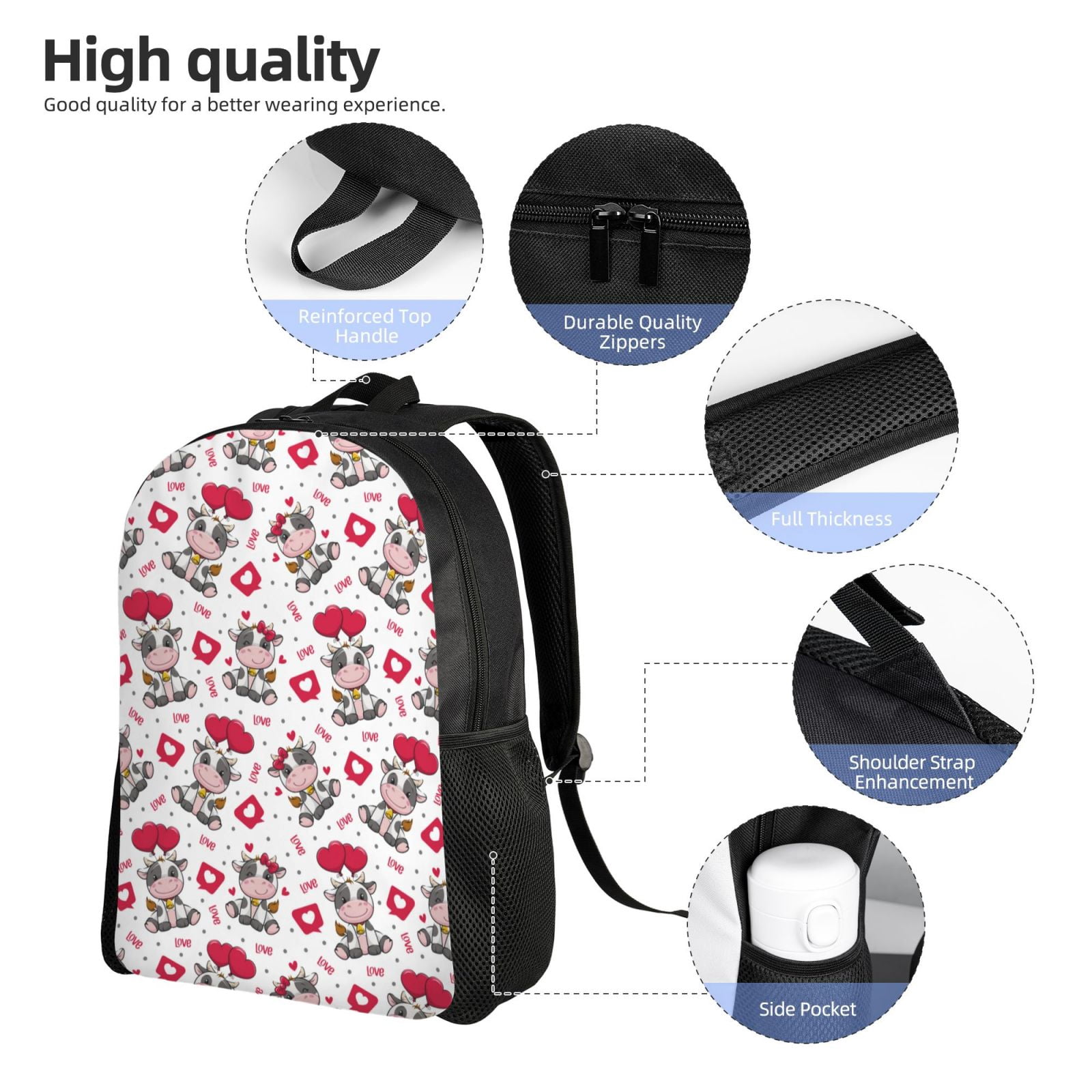 Defioc Caring Cow Print Backpack -Travel,or Work Bookbag Daypacks with 15-Inch Laptop Sleeve and Dual Water Bottle Pockets